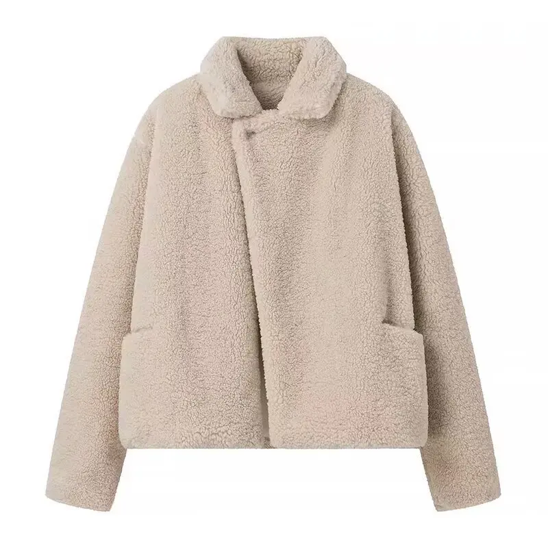 Pakaian Wanita Musim Gugur Musim Dingin Mantel Bulu Imitasi Hangat Lengan Panjang Longgar Saku Jaket Wanita Fashion Streetwear