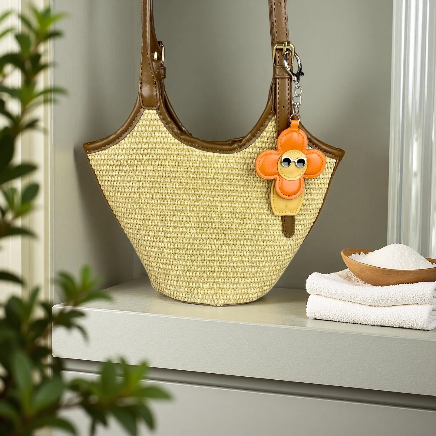 Handmade Stylish PU Leather Keychain Bag Charm - Soft & Comfortable Flower Girl Design, Trendy Sunglasses & Beach Vibe.
