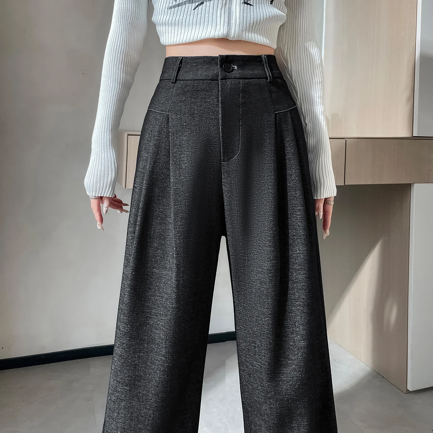 2025 ฤดูใบไม้ผลิฤดูร้อนใหม่ผู้หญิงวินเทจกางเกงขากว้างเอวสูงสบายๆหลวมสีดําตรงความยาวเต็มกางเกงสําหรับสตรี