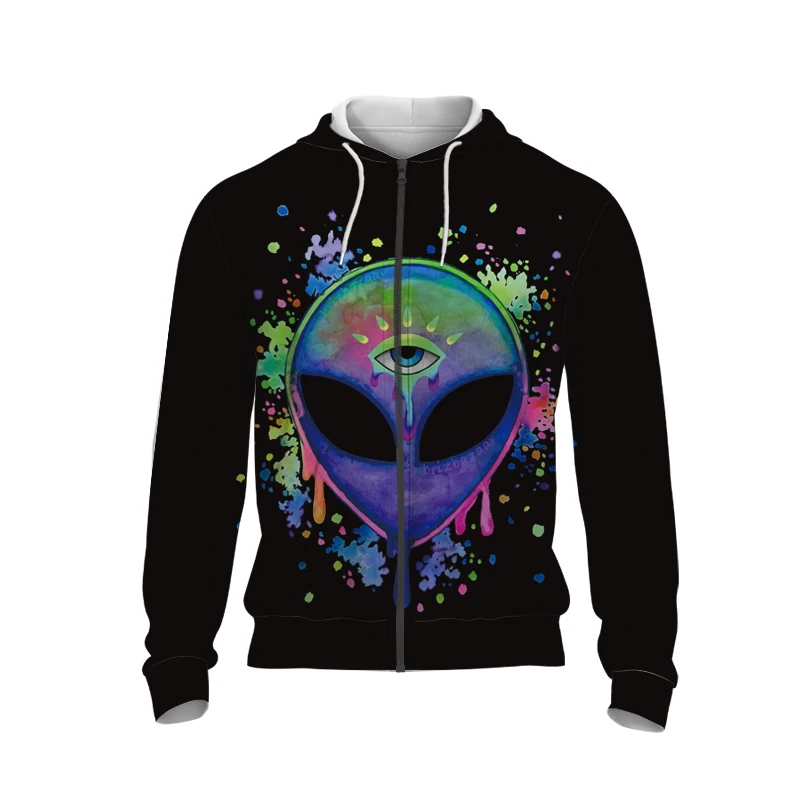 Hot Selling Autumn 2023 3D Digital Printed Alien Pattern Zippered Hoodie Street Hip-Hop Novel Creative Casual Pullover