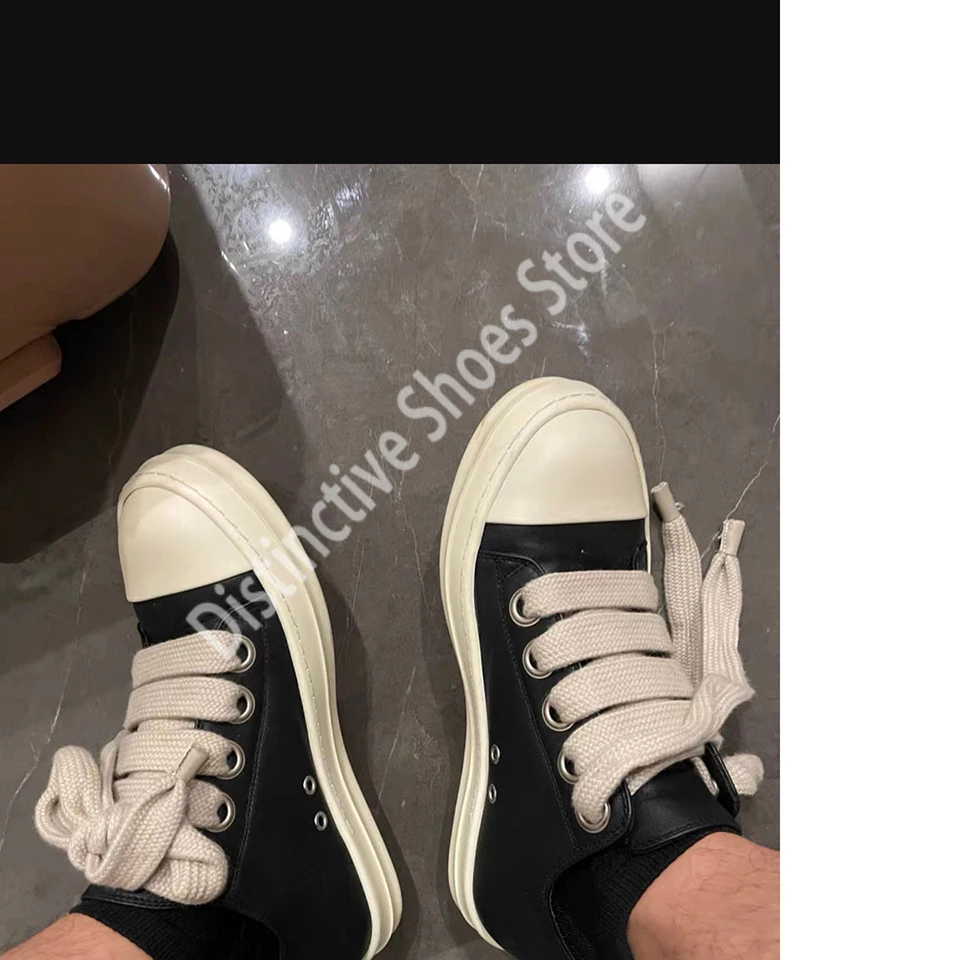 

Ro Men Shoes Quality Black Leather Luxury Low Top Women Shoes Casual Thick Sole Street Brand Jumbo Lace Sneakers Couple Flat