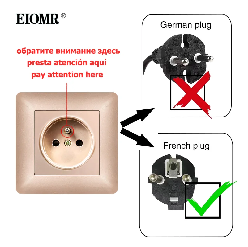 EIOMR 16A Tomadas elétricas padrão francesas Painel de PC retardante de chamas curvo dourado com portas USB tipo C Soquete duplo Soquete único