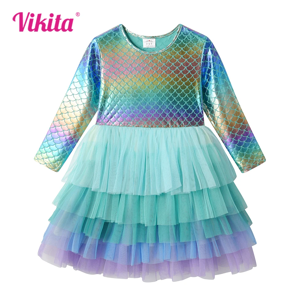 VIKITA Kids Mermaid Print Dress Kids Colorful Birthday Party Princess Dresses Girls Long Sleeve Autumn Spring Tutu Vestidos