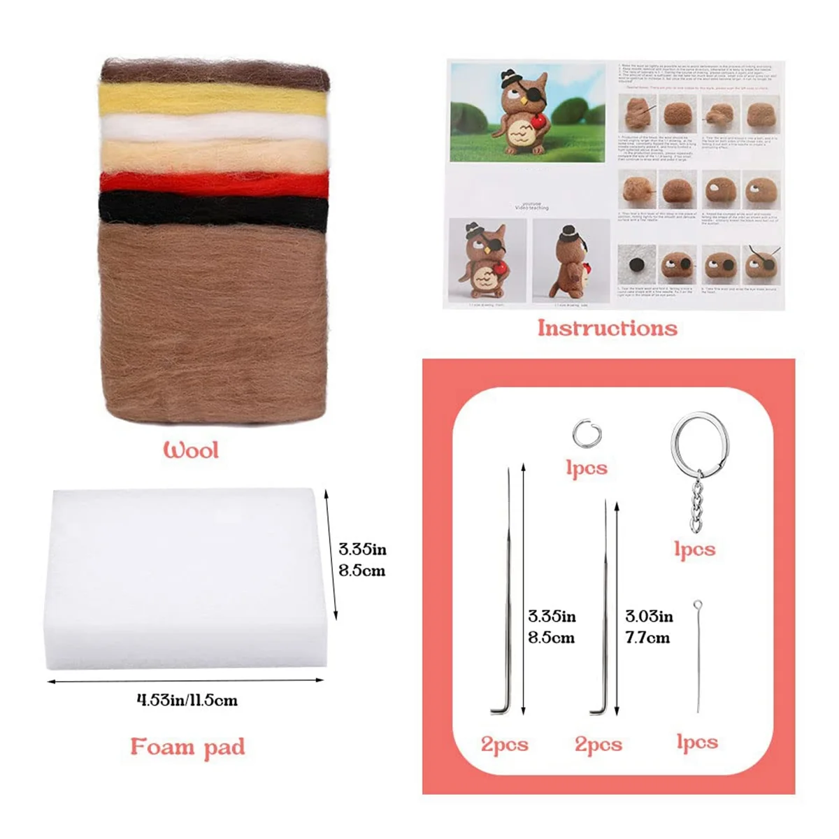 Needle Felting Kit Needle Felting Supplies Owls Animal Doll with Wool Roving, Felting Needles, Foam Mat and Wool Felting