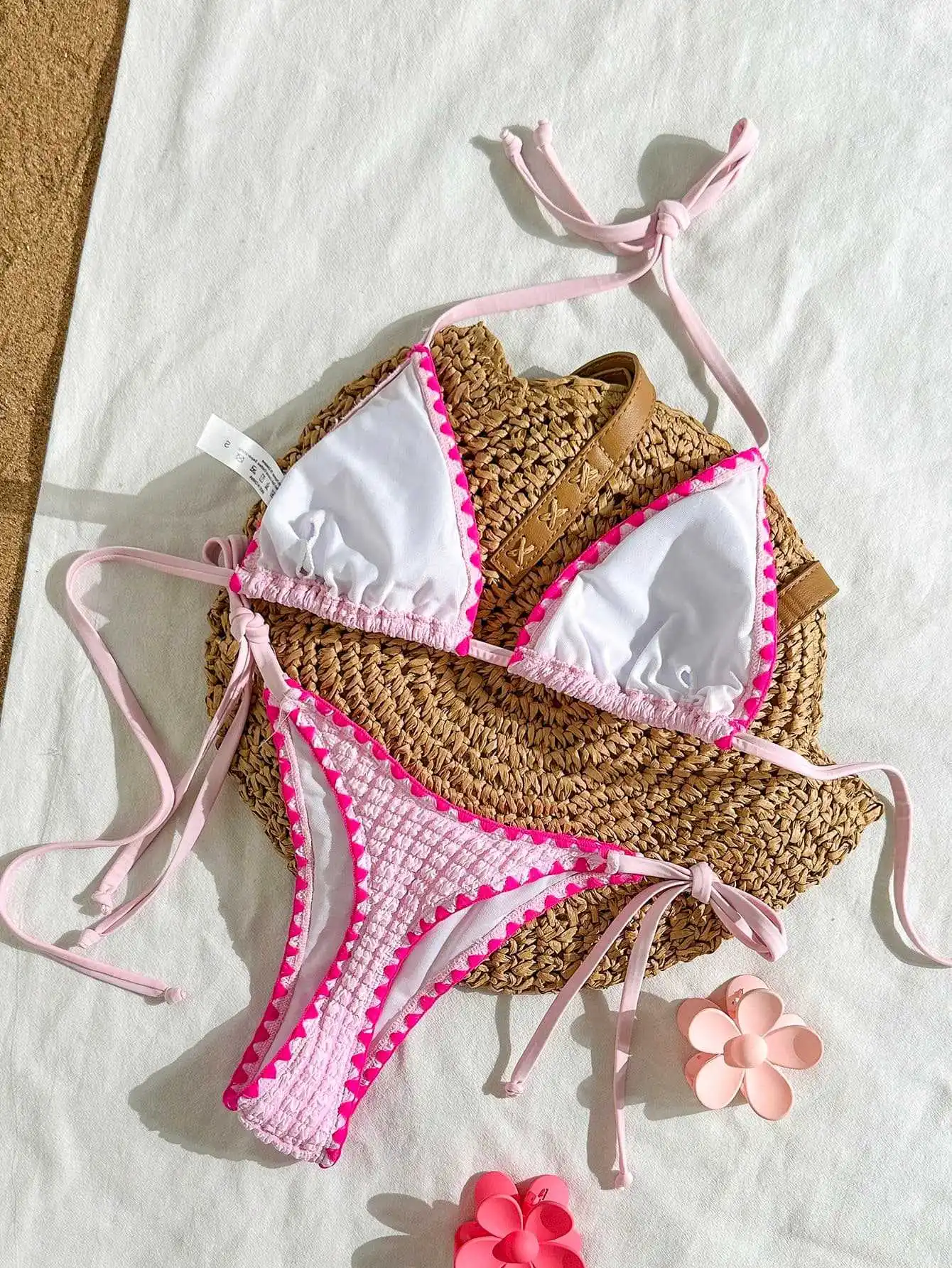 sexy pink patchwork micro bikinis sets two pieces halter back tie thong swimsuits bathing suit swimwear biquini tankini trikini view 3