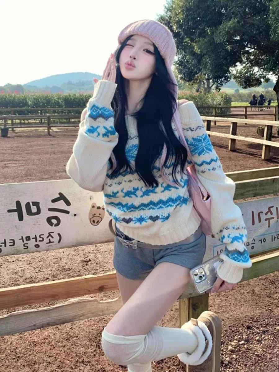 เสื้อสเวตเตอร์ถักลาย Fair Isle สไตล์เรโทรนอร์ดิกสำหรับผู้หญิง ฤดูใบไม้ร่วง ฤดูหนาว ดีไซน์เปิดไหล่ ให้ความรู้สึกหรูหรา สวยงาม