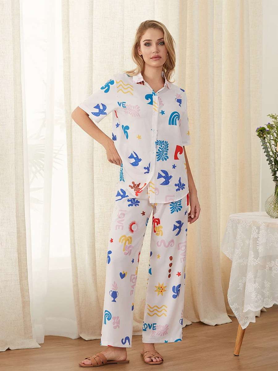 Women’s Casual 2 Piece Outfits Short Sleeve Cartoon Print Button Shirt Pants Set Loungewear