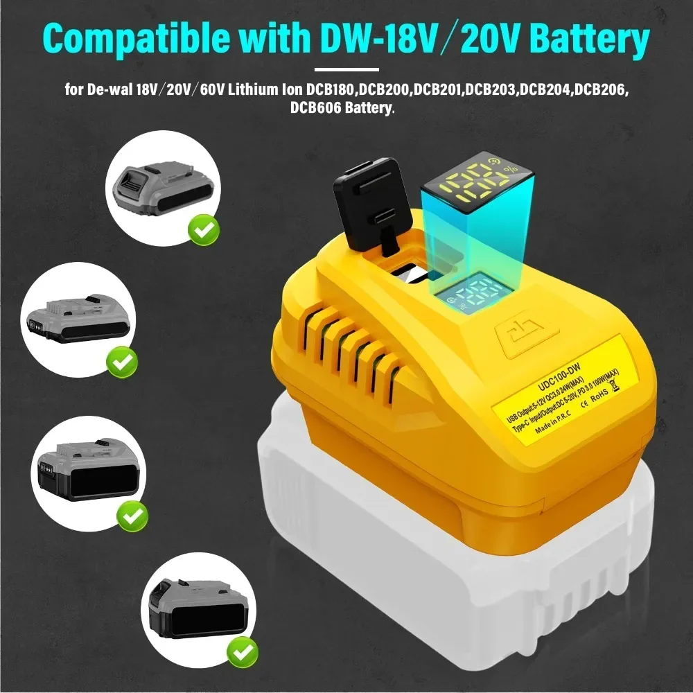 100W USB Battery Charger QC3.0 PD3.0 Supports Phone Charging Compatible with For Makita/Ein-hell/Milwaukee/Dewalt 18/20V Battery