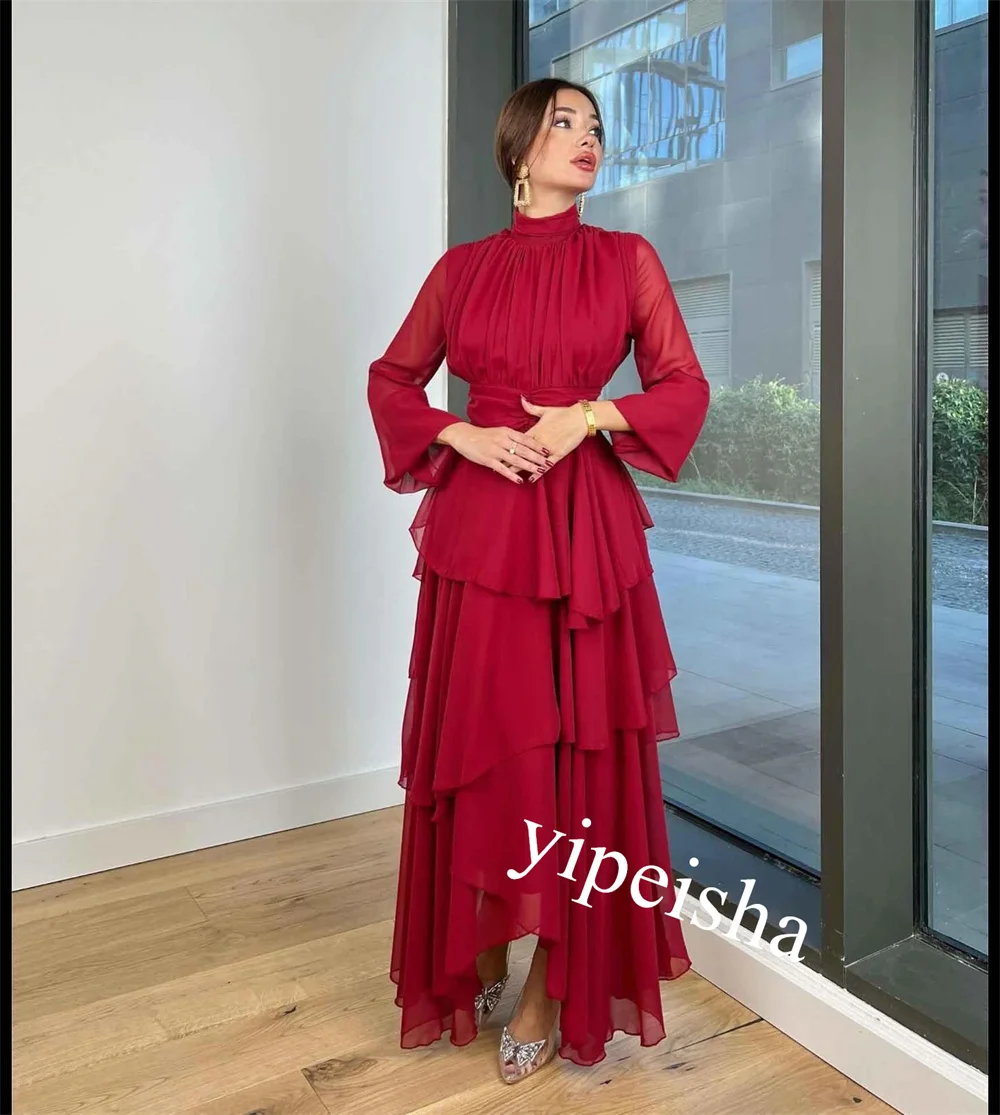 Jiayigong     Chiffon Ruffle Pleat Christmas A-line High Collar Bespoke Occasion Gown Midi es