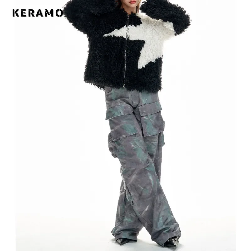 2023 Autumn Winter American Retro Zipper Contrast Color Fur Jacket For Women Harajuku Y2K Grunge Fashion Loose Warm Coat