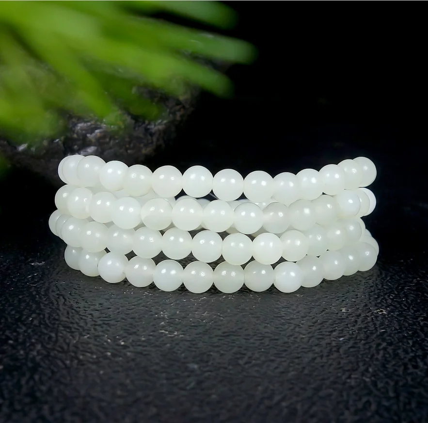 Fine Jewelry Natural Hetian Nephrite Jade 4mm White Jade Round Bead Three Circle Bracelet