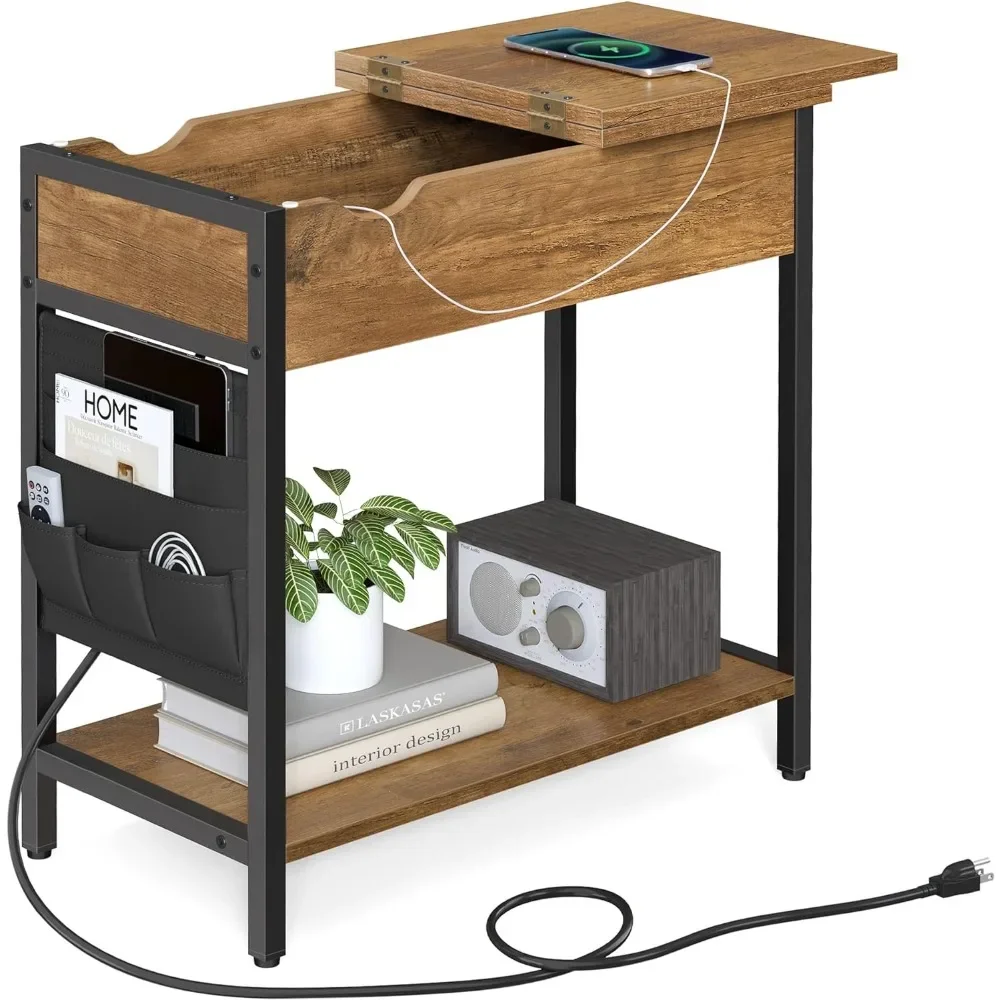 Side Table with Storage, End Table with USB Ports and Outlets, Nightstand with Charging Station, Fabric Bags, for Living Room