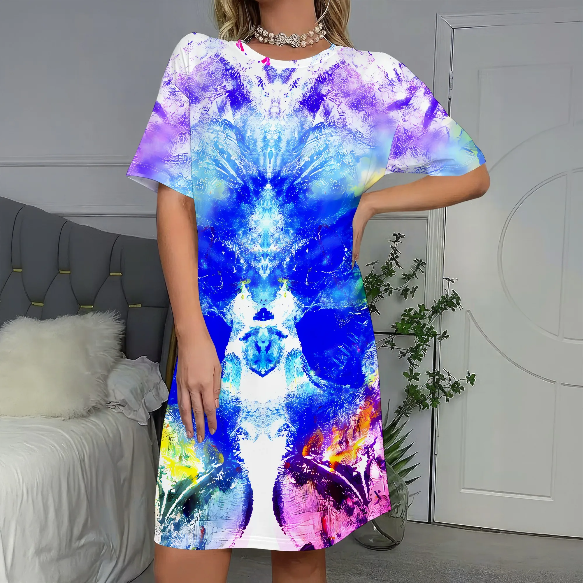 

Abstract Art Print, Short Sleeve Dress, Tie Dye Pattern, Boho Style, Summer Beachwear, Casual Tunic, S-2XL