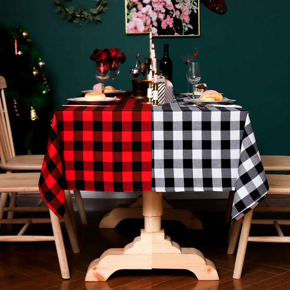 

Red Black and White Square Plaid Table Cloth, Yarn-Dyed Tablecloth, Christmas Holiday Decoration