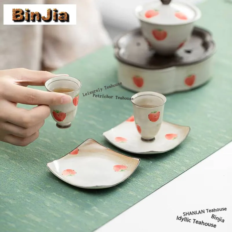 2pc/set Hand-painted Strawberry Coaster Japanese Pink Yin Square Tea Cup Holder Thermal Insulation Pad Mug Dish Kung Fu Teaware