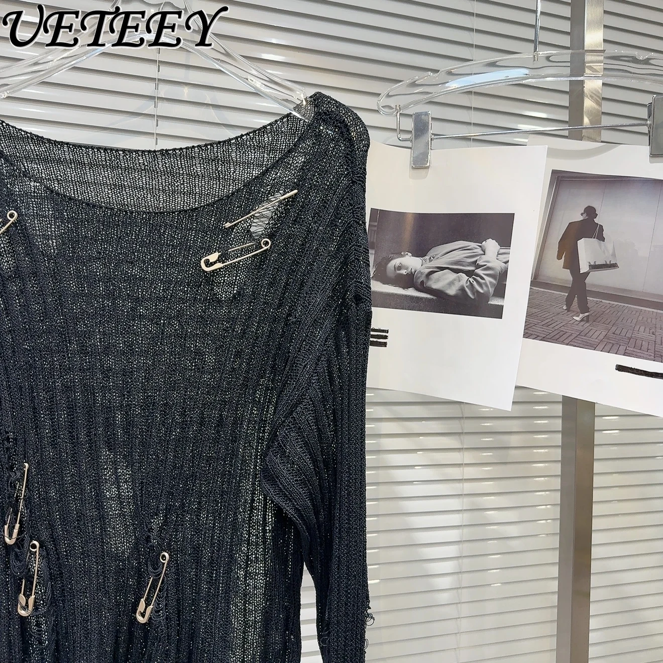 2025 Summer New Sweet Cool Babes Long-sleeved Solid Color Pullover Metal Pin Design Hollow Sunscreen Knitted Sweater for Women