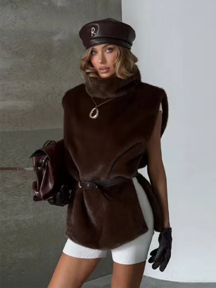 Mulheres outono inverno moda colete de pele do falso casaco feminino chique cinto sem mangas jaqueta curta quente casual colete topos ﻿