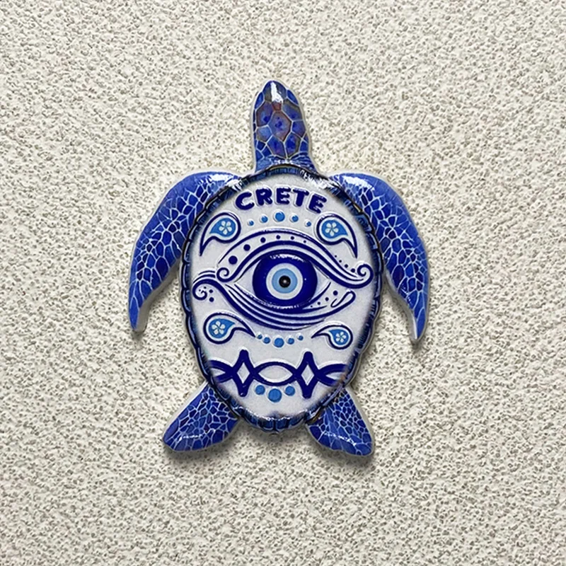 

3D Resin Fridge Magnet - Crete Island - Blue and White Decorative Turtle with Eye Design - Perfect Home Decor Gift