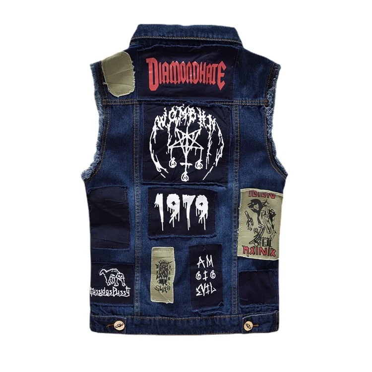 Men Patched Denim Vests Waistcoats Jackets New Fashion Male Fit Denim Coats Vests Street Wear Style Holes Jeans Vest Size S-5XL