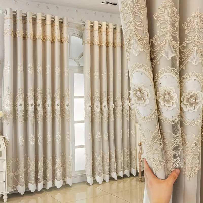 1pc Double Layer Curtain with Sheer Fabric,French Lace Embroidery,Modern Minimalist Design,Ideal for Living Room & Bedroom Decor