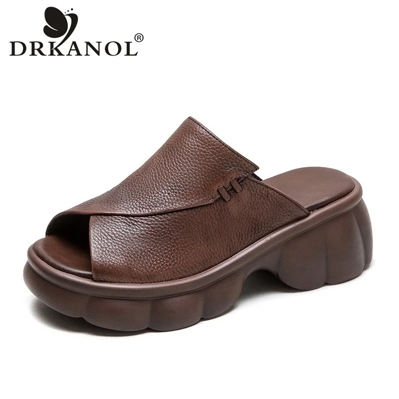 DRKANOL Women Summer Slippers 2024 Handmade Retro Thick High Heel Chunky Platform Open Toe Slippers Ladies Casual Slides Shoes