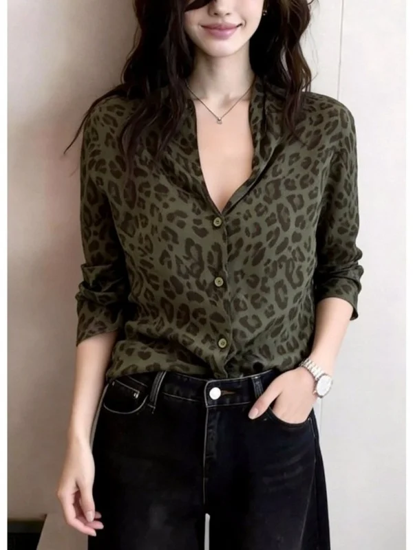 Elegant Long Sleeve Women's Shirt Spring 2026 Fashion Design Casual Loose Fit White Enhancing Leopard Print Button up Cardigan view 3