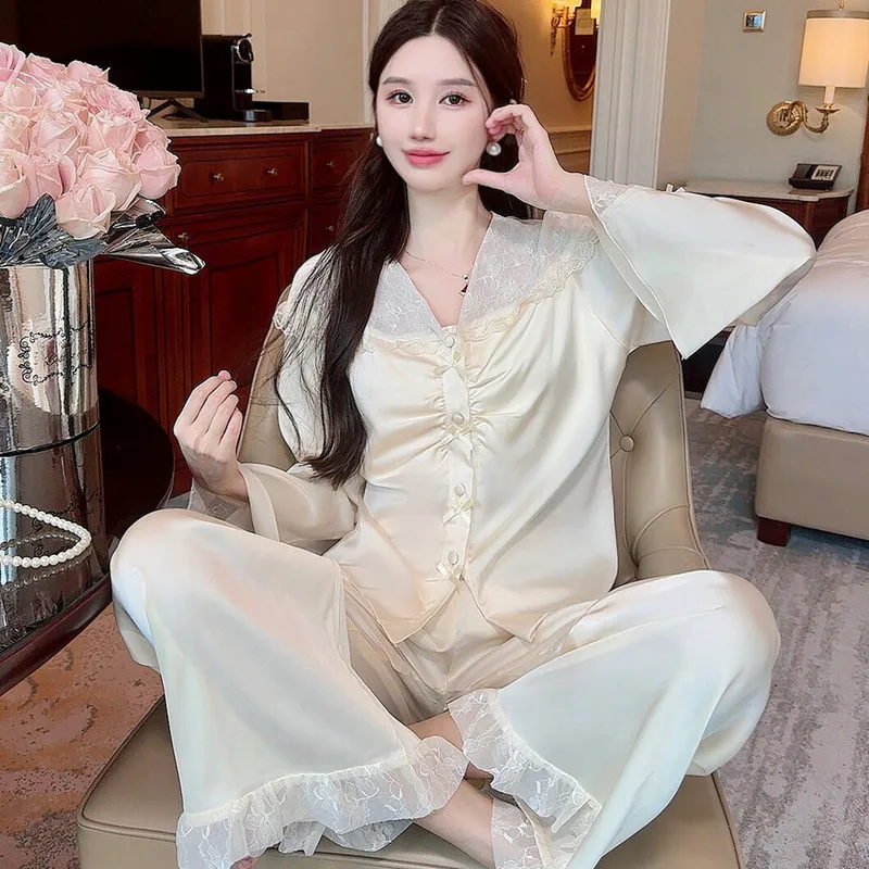 French Retro Court Style Pijamassuit Sexy Spring New Lace Splicing Pajamas Set Sleepwear Lounge Wear Loose Satin Home Clothes