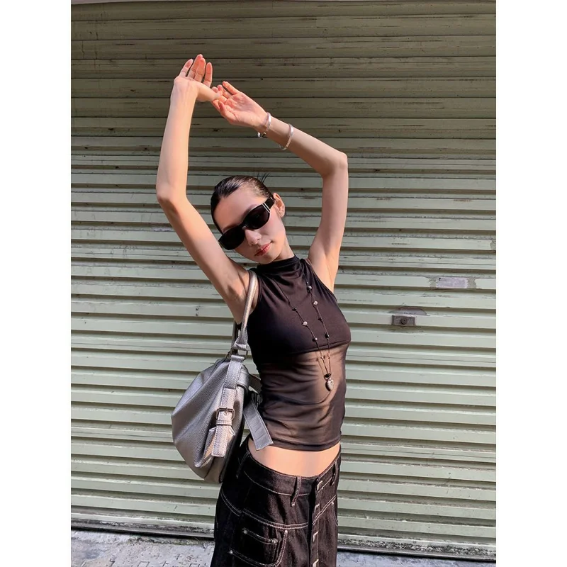 Black Spicy Girl Mesh Patchwork Half High Collar Vest Women's Summer Slim Fit Waist Cinching Sleeveless Top Casual Style