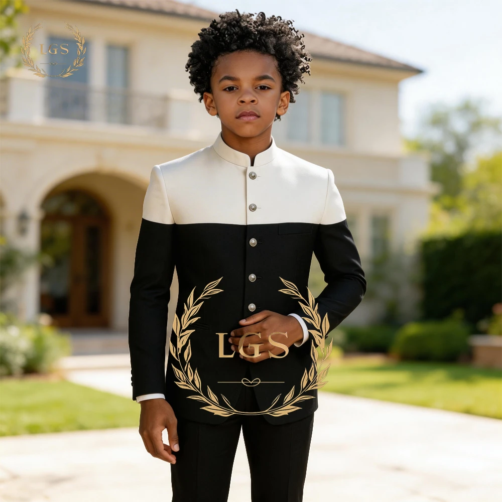 

Boys' Custom Tailored 2-Piece Formal Suit – Mandarin Collar Color-Block Blazer & Tailored Pants for Banquets & Birthdays