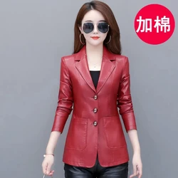 High Quality 2023 Autumn And Winter New  Leather Leather Coat Women's Short Slim Suit Collar Leather Jacket Female's Coat Black