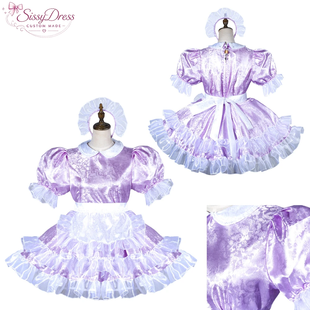 

sissy dress sexy crossdressing sissy maid short lilac satin dress lockable Uniform white apron costume[G3810]