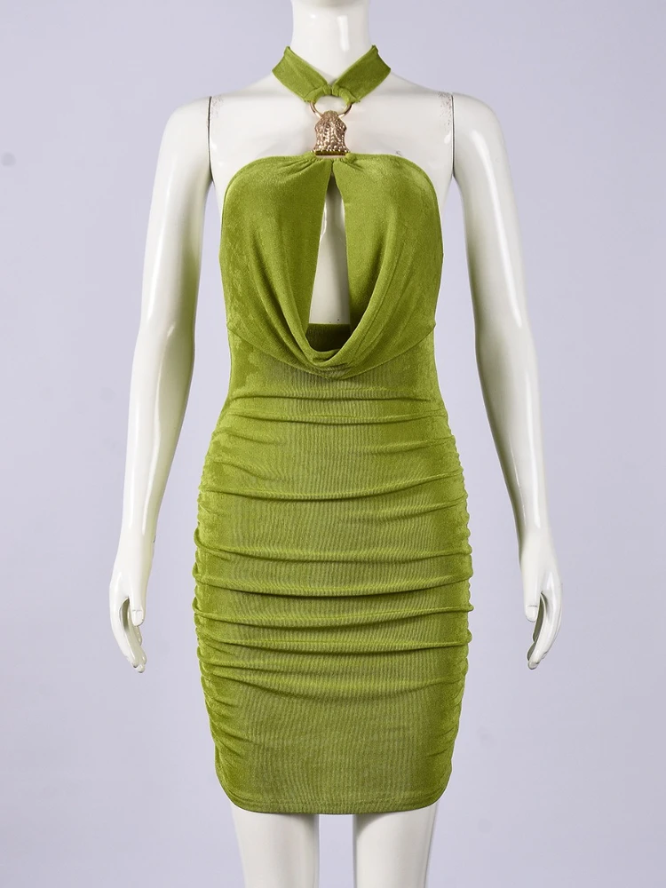 SsTss Mini abito aderente estivo sexy con scollo all'americana per le donne Abito da club increspato sottile senza maniche con dettagli ritagliati alla moda