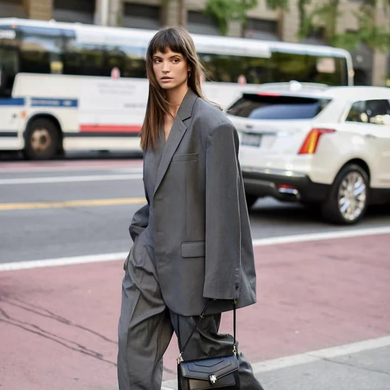 

New York Faion Wool Blend Oversized oulder Pad Retro Sle Women's Suit Jaet Spring 2025 Trendy Commute High-End Feel