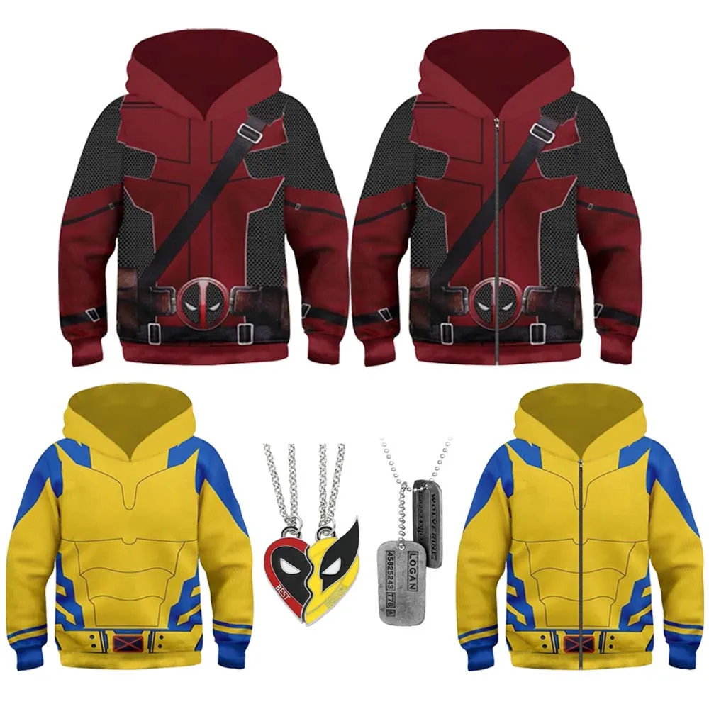 

Boys Deadpool Wolverine Hoodie Film Cosplay Superhero Pullover Hooded Sweatshirt Necklace Role Play Set Halloween Costume Jacket