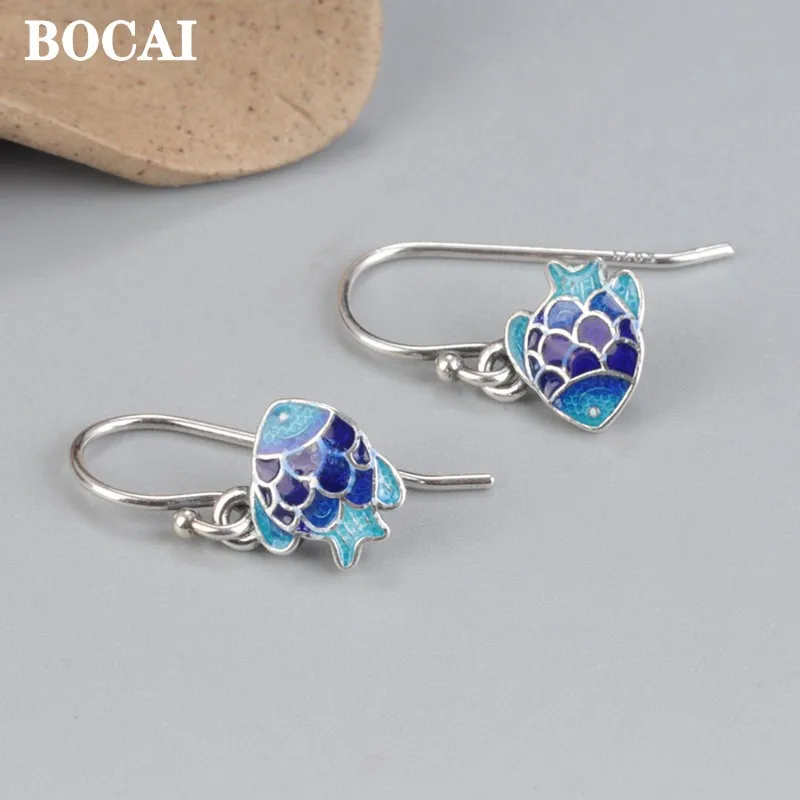 BOCAI 925 Silver Jewelry Accessories Braised Blue Drop Glue and Oil Drop Process Small Fish Earrings Fashion Gift