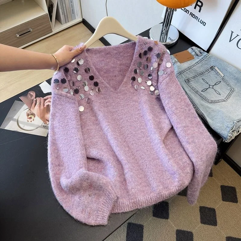 Solid V Neck Sequin Sweaters Women Pullovers Loose Fit Drop Shoulder Glitter Autumn Winter Casual Pull Femme