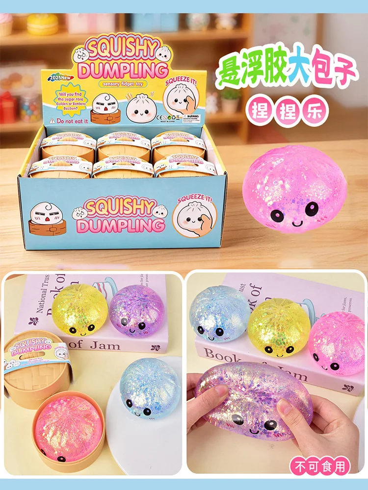 Viral Hidden Design 1-4 Stück Glitzerperlen-Knödel-Squishy, Überraschungsbox mit Box, Realistisches Brötchen- & Knödel-Quetschspielzeug, Stressabbau