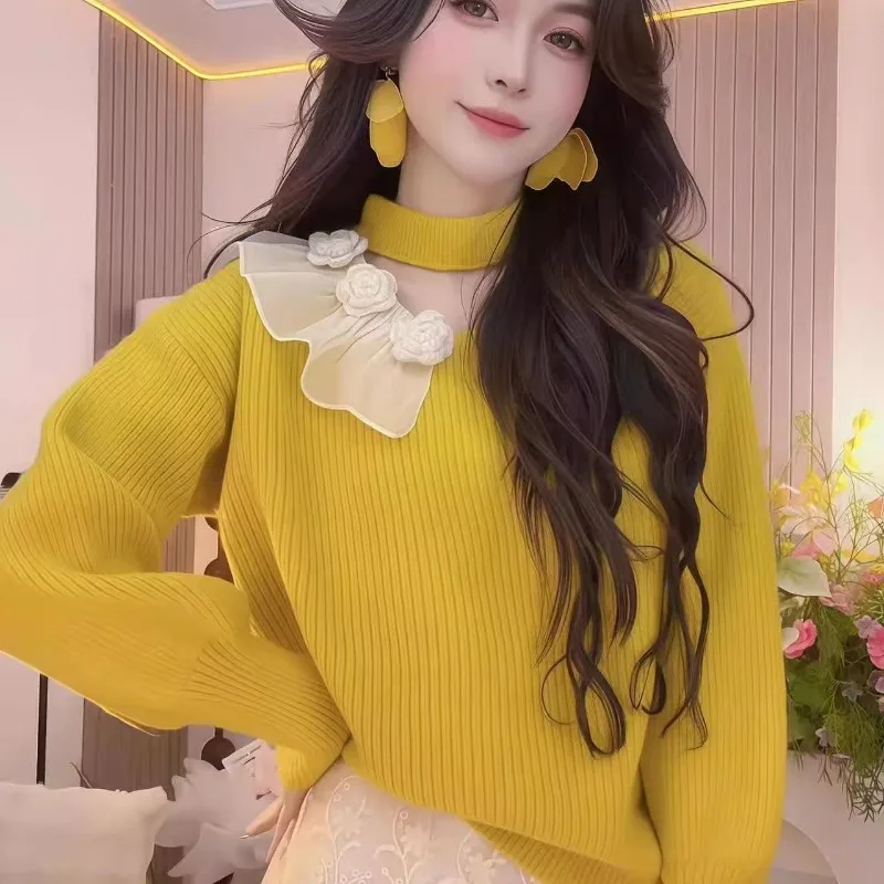 Korean Niche Gentle and Lazy Knitted Sweater Fashion Autumn and Winter Loose Three-dimensional Flower New Top Exquisite Leisure