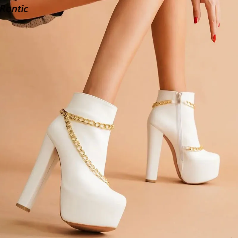 

Rontic Handmade Women Winter Platform Ankle Boots Faux Leather Zipper Chunky Heels Round Toe White Party Shoes US Plus Size 5-20