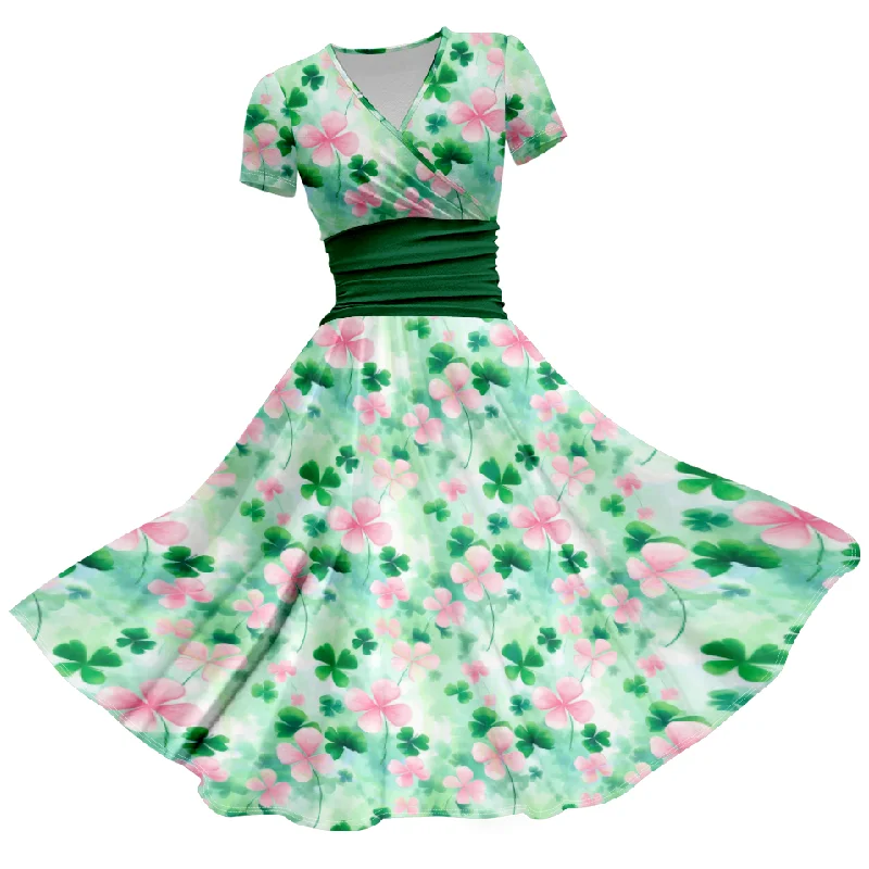 Spring Floral Four-Clover Pink Green Pattern Full Print Casual Skirts Waist Short Sleeve Dresses Party Club Dress For Ladies