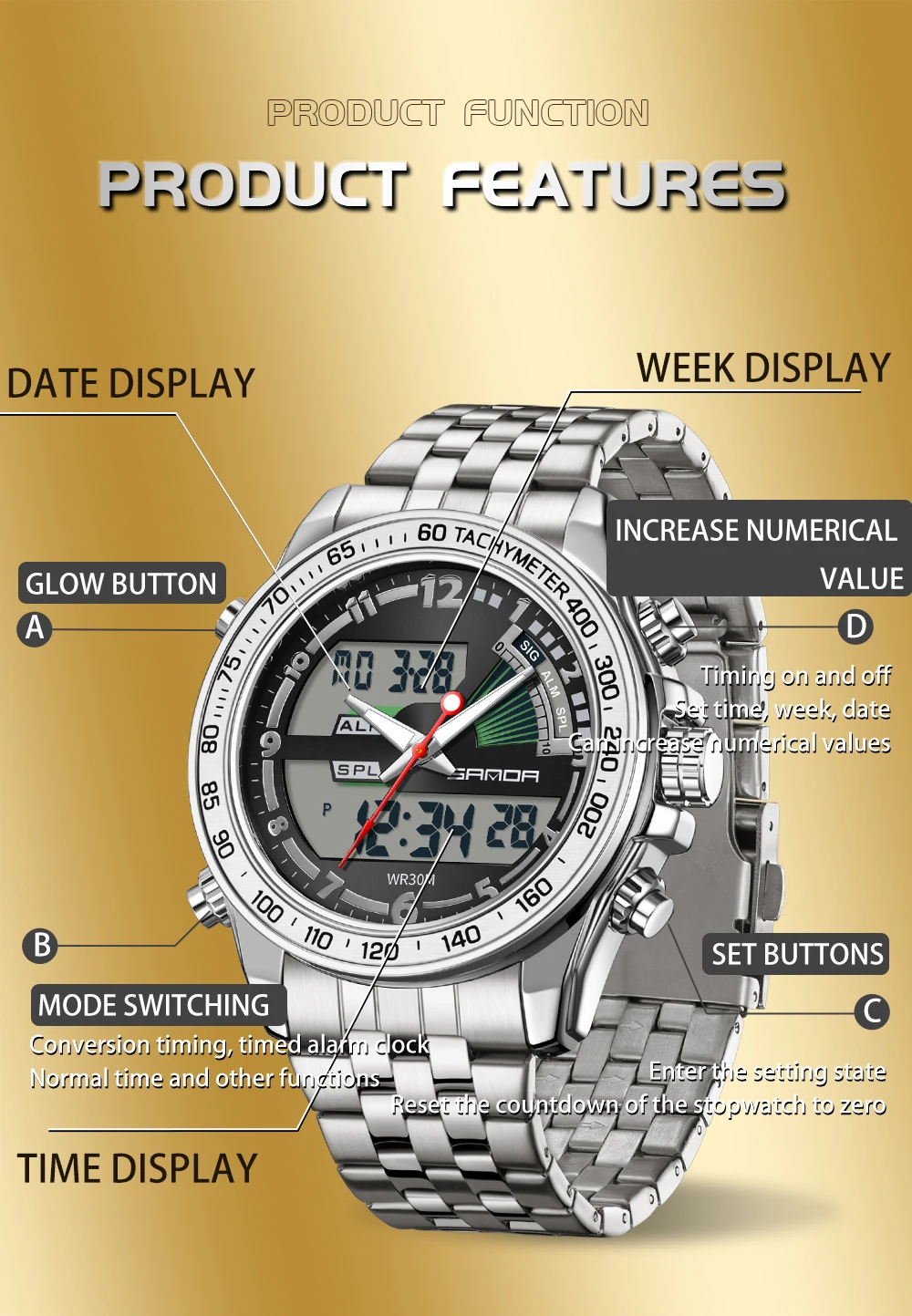 SANDA 3307 ساعة عسكرية رجالية فاخرة مقاوم للماء ساعة LED كوارتز ساعة رياضية ساعة رجالية كبيرة Relogios Masculino #3