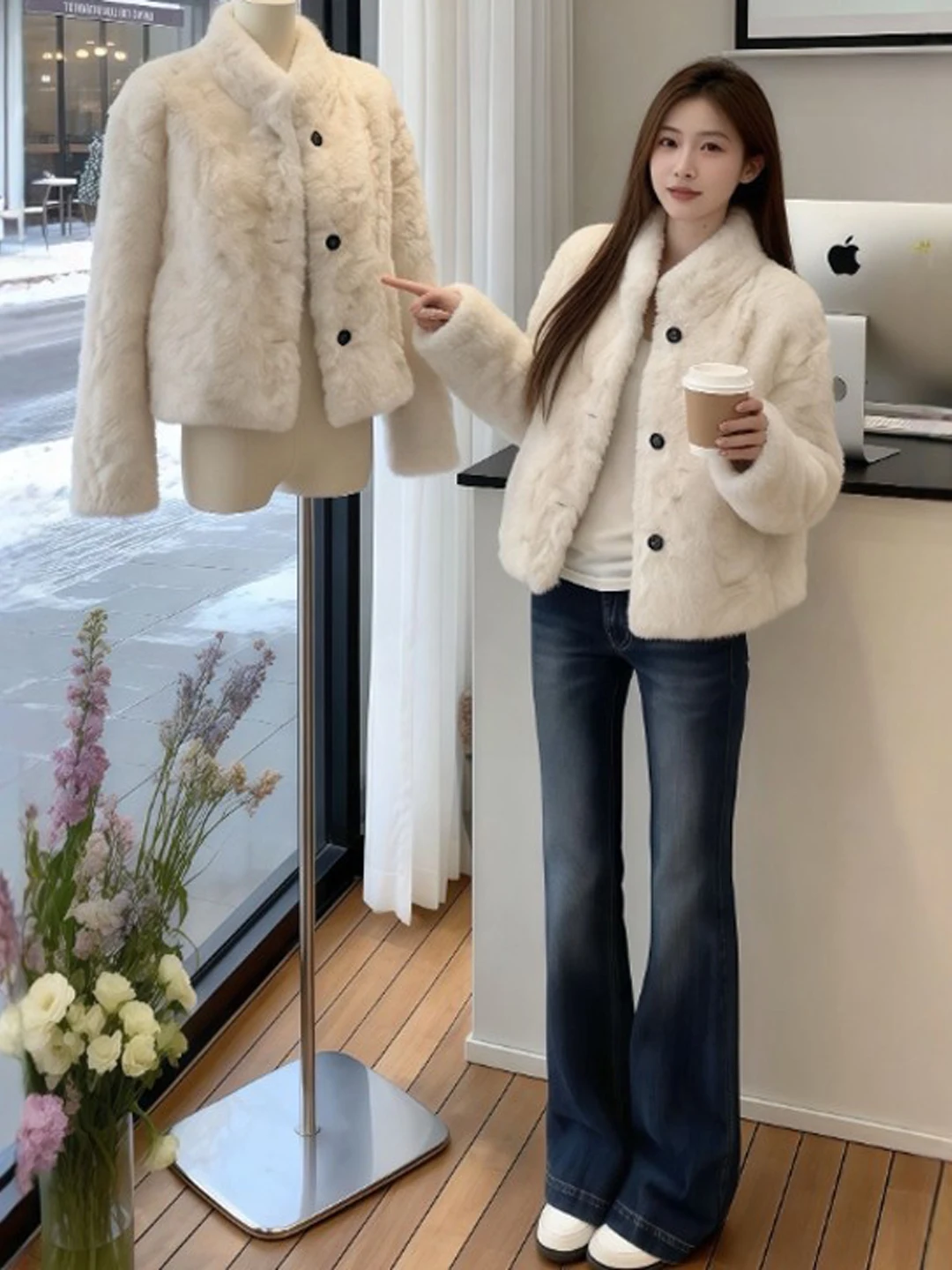 

Unique Sli Thiened ort Lamb Fur Jaet Gentle Sle Spring Faionable Top for Small Figures Korean Loose Fit Coat