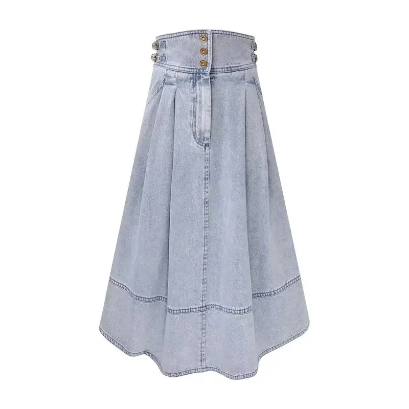 

2025 new fashion light blue long sleeve denim jeans wrap blouse tops and midi skirt set