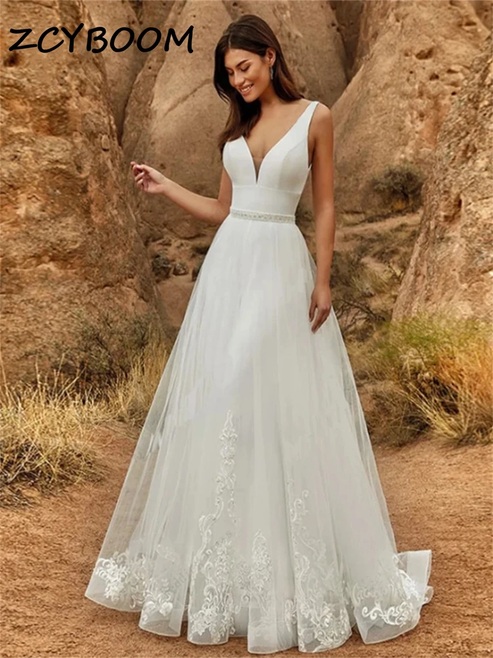 

Elegant Deep V-neck Spaghetti Strap Backless Wedding Dresses for Women 2024 Detachable Train Bridal Gowns Vestido De Noiva