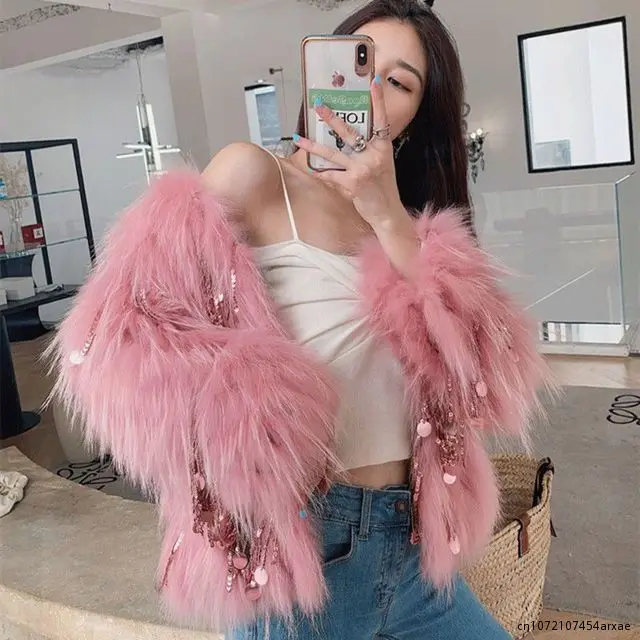 

Women's Short Imitation Raccoon Winter Faux Fox Fur Grass Sequined Tassels Coat Fur Beaded Fringed Bomber Jacket Cardigan Abrigo