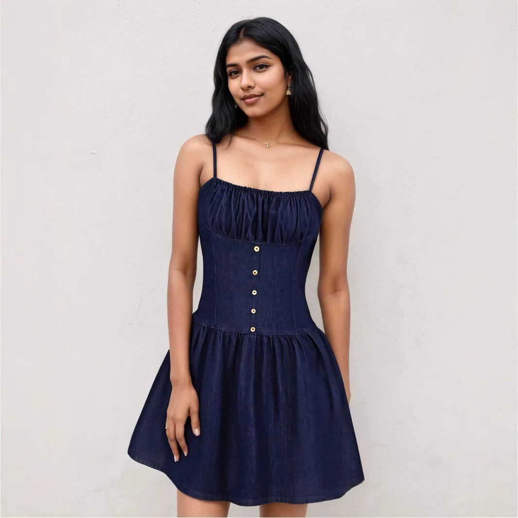 Women's Summer Autumn New Faux Denim Fashion Waist-cinching Short Sleeveless Off-shoulder Strap Dress Midi Boho Vestidos