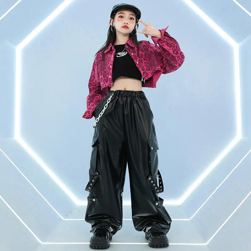 Mädchen K-Pop Leopard Crop Top Hemd Cargo Hosen Kinder Hip Hop Jacke Street Dance Kleidung Sets Kinder Teenager Jazz coole Kostüme