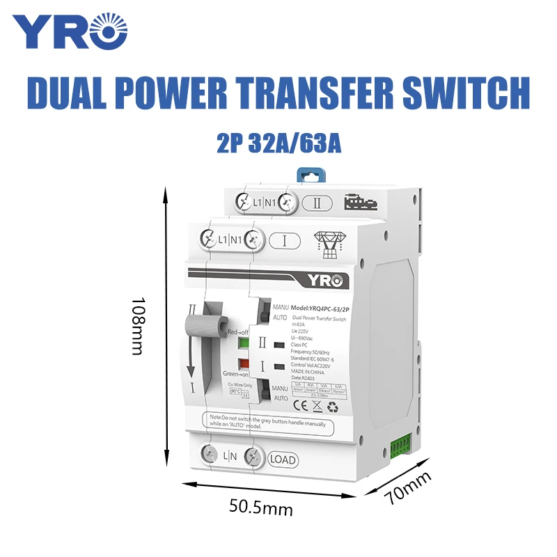 YRO Din Rail 2P ATS interruttore di trasferimento automatico a doppia alimentazione selettori elettrici potenza ininterrotta 2P 230V 63A