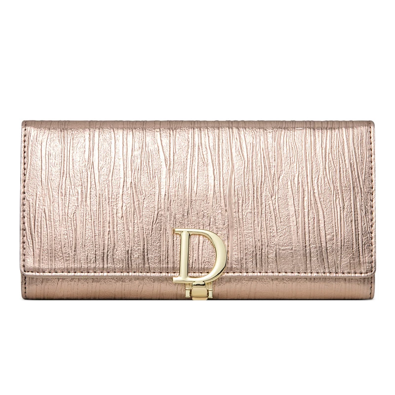 Women Long Wallet 2025 New Genuine Shiny Leather Striped Bifold Cowhide Money Clutch Long Female Mobile Phone Holder Zipper