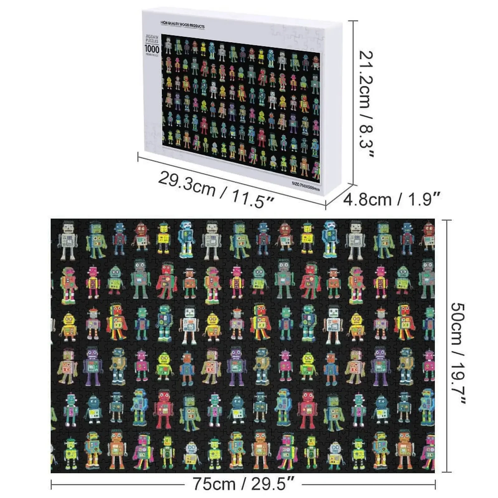 Robot Line-up on Black - fun pattern by Cecca Designs Jigsaw Puzzle Customized Picture Custom Wood Adult Wooden Puzzle